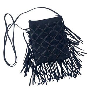 Navy Suede Crossbody Bag Handbag Crochet Beaded Fringe Festival‎ Boho Hippie S